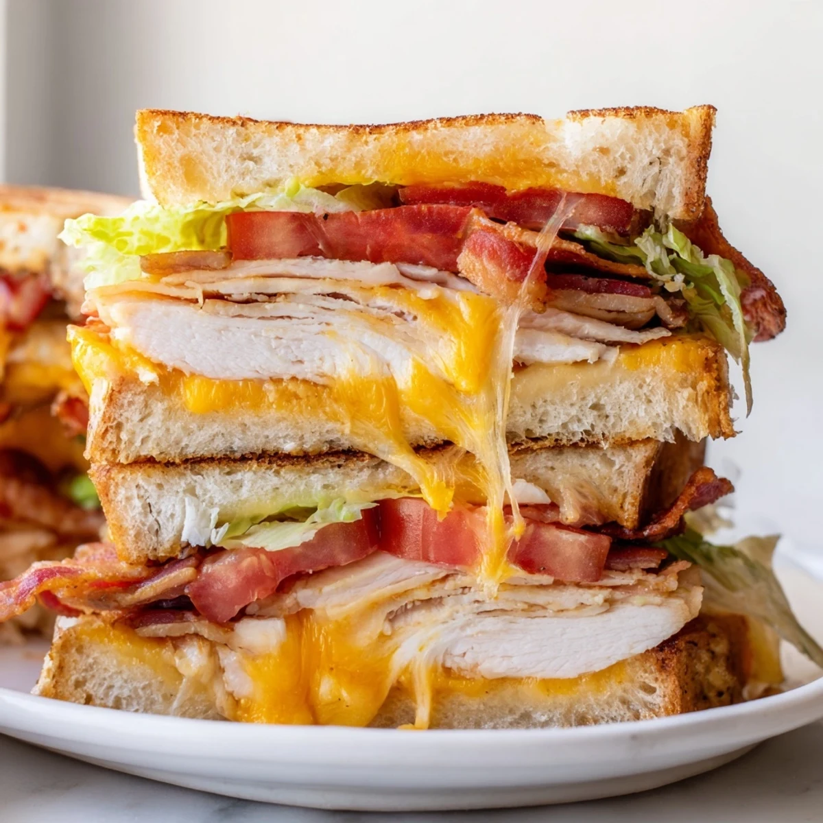 A close-up view shows the melted cheese oozing from the buttery bread, highlighting the savory turkey and smoky bacon combination.