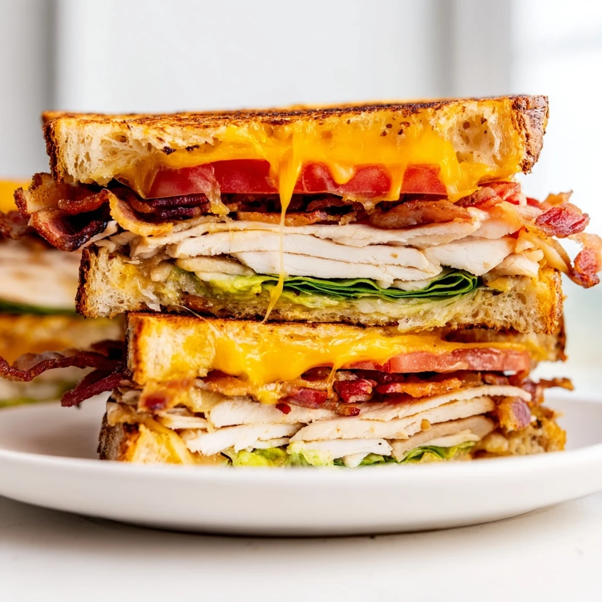 Served on a rustic wooden board with a side of pickles, this hot and crispy Turkey Club Grilled Cheese is a perfect lunch.