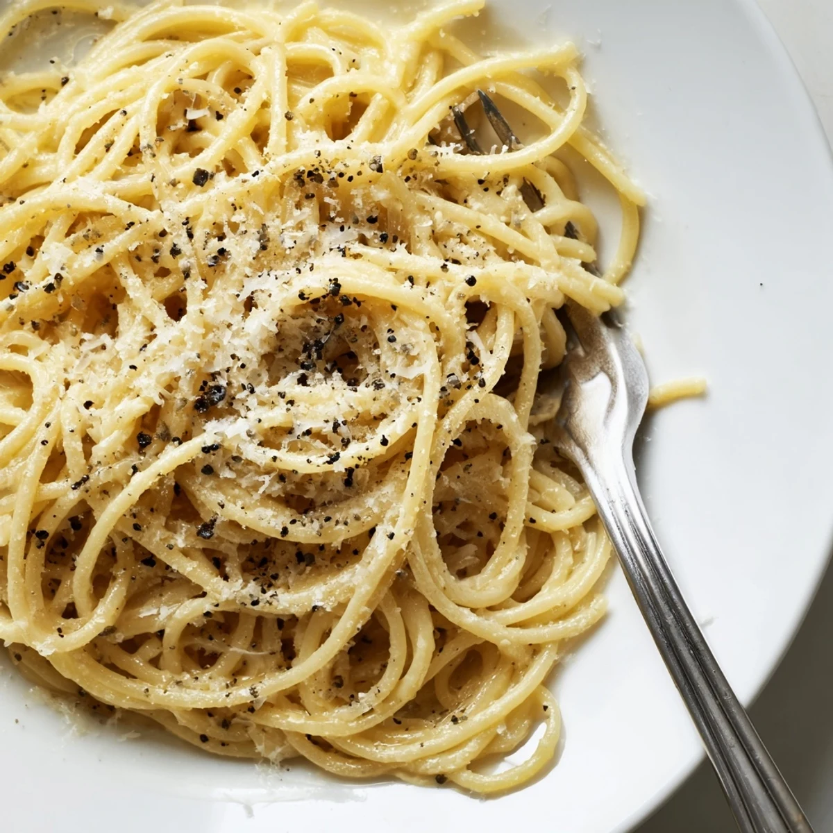 Twirled spaghetti with Spaghetti Cacio e Pepe sauce, highlighting the glossy, cheesy texture against a rustic wooden table backdrop.