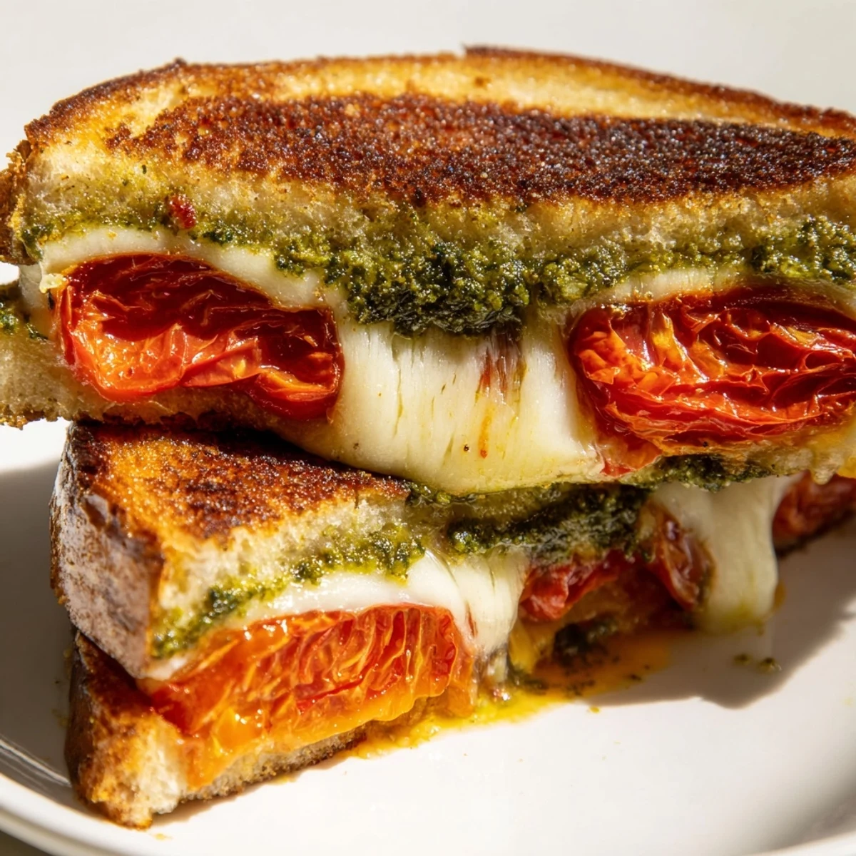 Golden-brown sourdough grilled cheese sandwich stuffed with melted mozzarella, sharp cheddar, caramelized roasted tomatoes, and vibrant basil pesto, served on a wooden board.