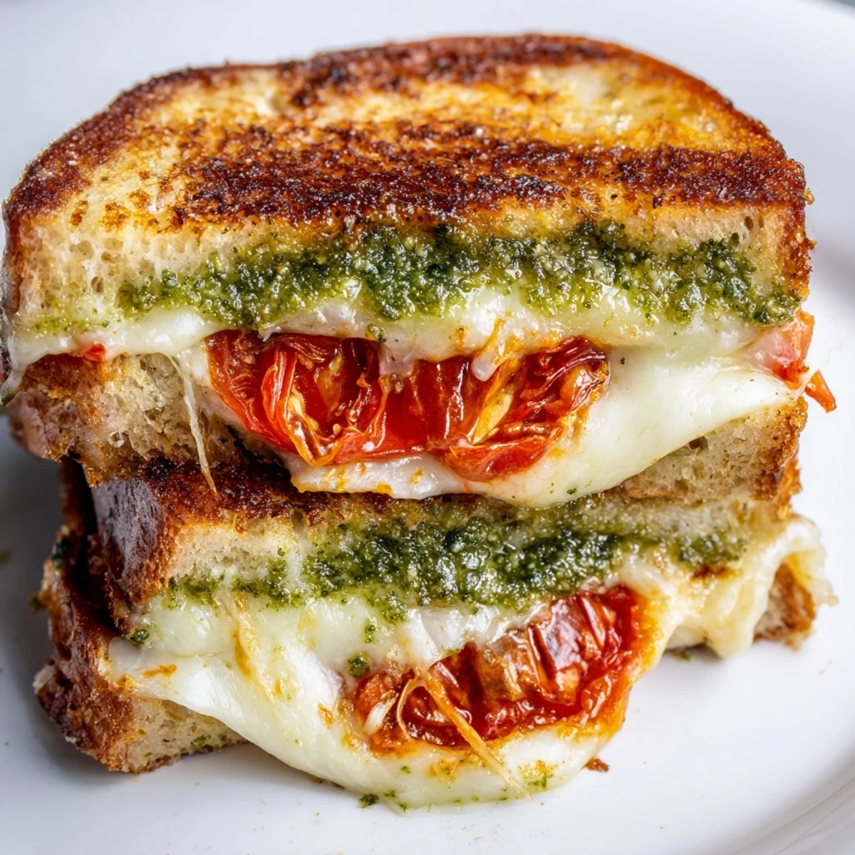 Close-up of a gourmet Roasted Tomato Pesto Grilled Cheese, highlighting the juicy roasted tomatoes and melted cheese oozing from a crunchy, golden slice.