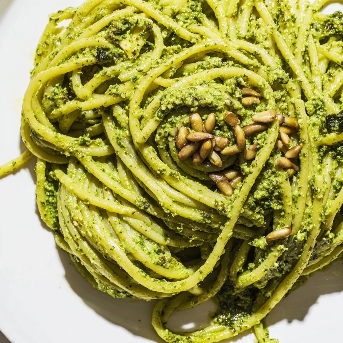 Creamy Sunflower Seed Pesto Pasta features golden pasta coils generously coated in a vibrant, herb-flecked green sauce, topped with fresh basil and grated Parmesan.  