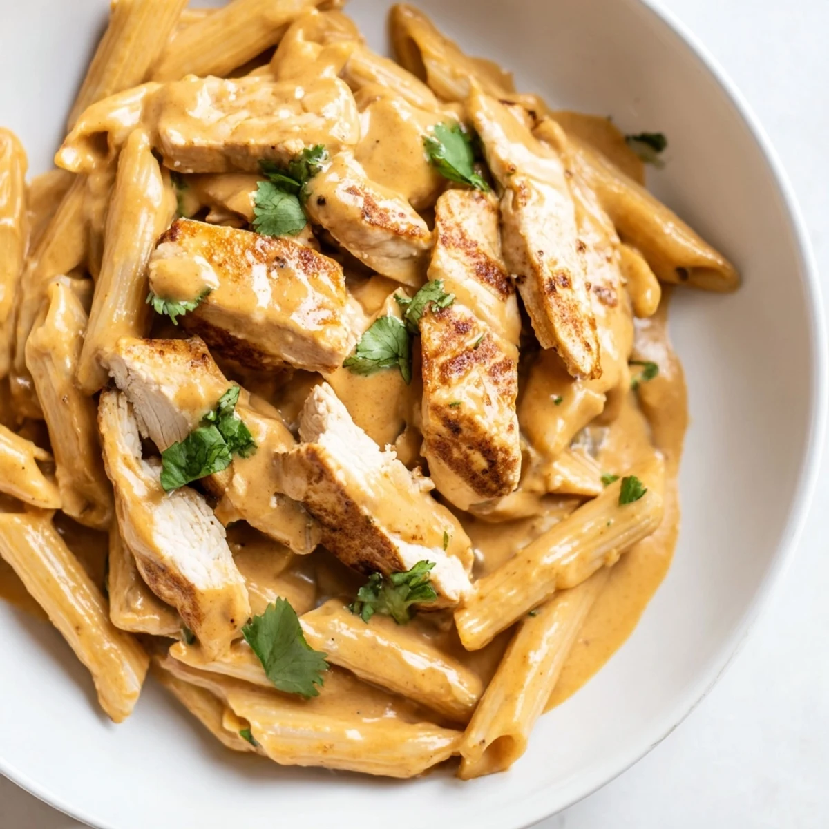 Close-up of Honey Chipotle Chicken Pasta served on a white plate with fresh cilantro and grated Parmesan.