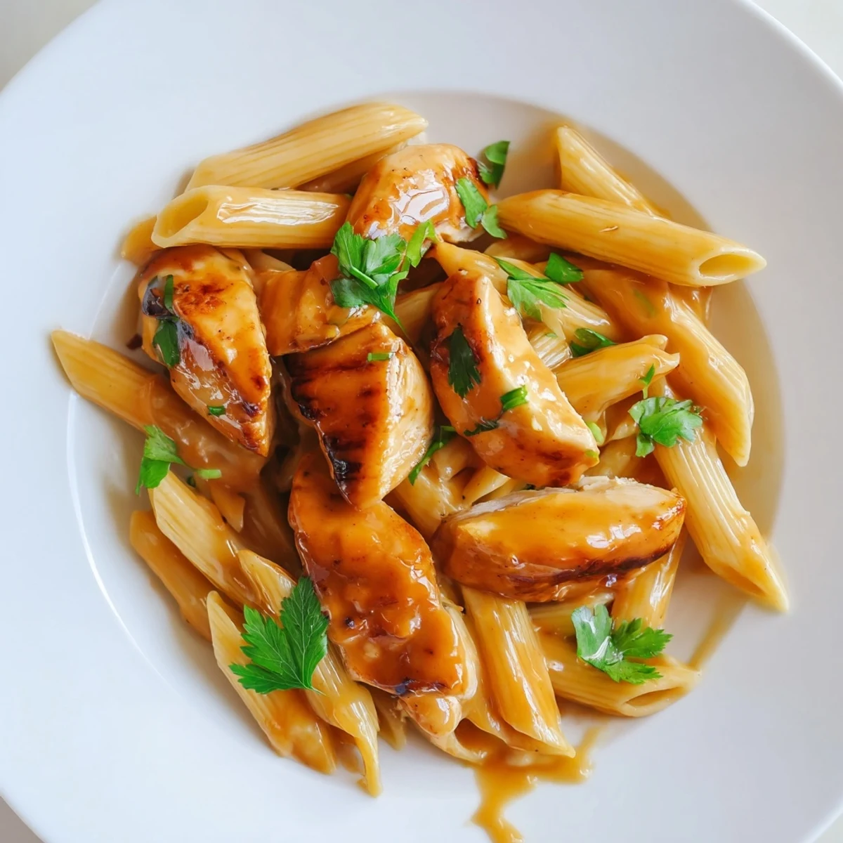 Steaming platter of Honey Chipotle Chicken Pasta with lime wedges and chopped cilantro garnish.