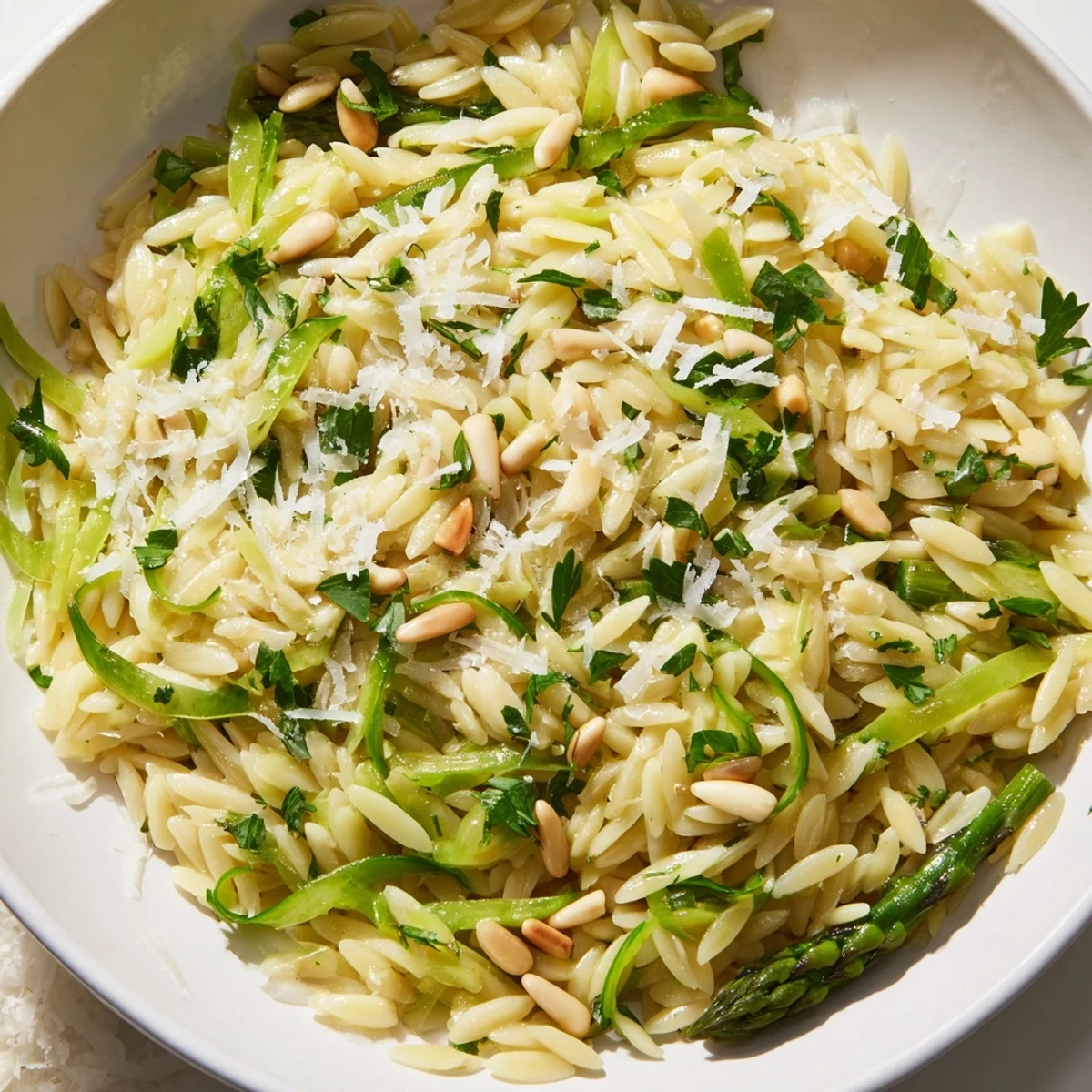 Shaved asparagus ribbons and tender orzo pasta tossed with lemon-olive oil dressing, topped with Parmesan and pine nuts for a bright Mediterranean side.