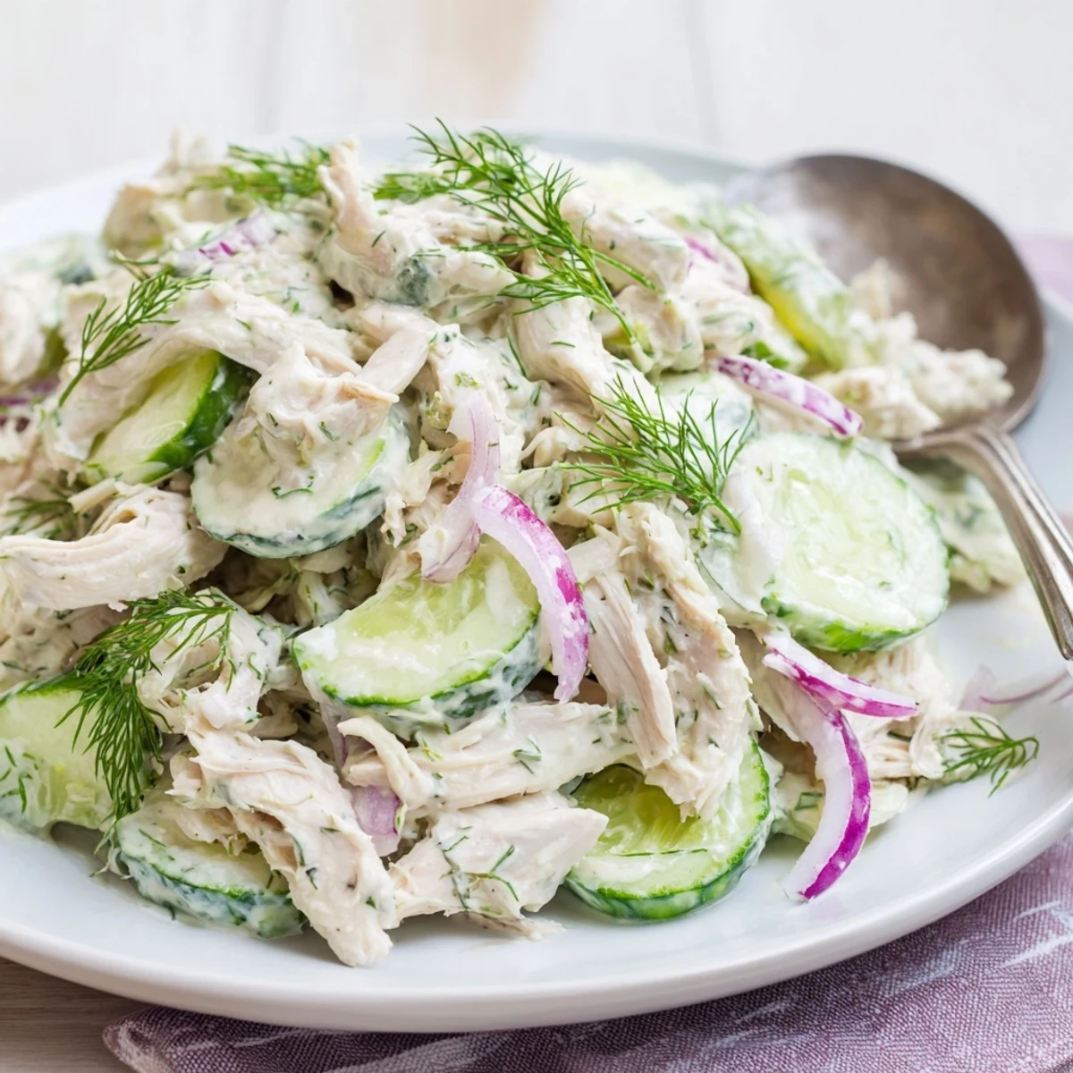 Chilled Creamy Cucumber Chicken Salad served on lettuce cups with red onion and a sprinkle of green onions.