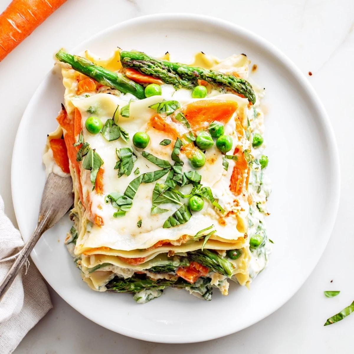 Spring Veggie Alfredo Lasagna with bubbling mozzarella and fresh basil garnish, ready to serve on a rustic wooden table for a family meal.