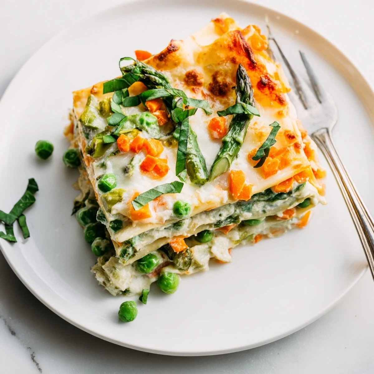 Close-up of a portioned square of Spring Veggie Alfredo Lasagna, showing no-boil noodles layered with spinach, peas, and a light, creamy sauce.
