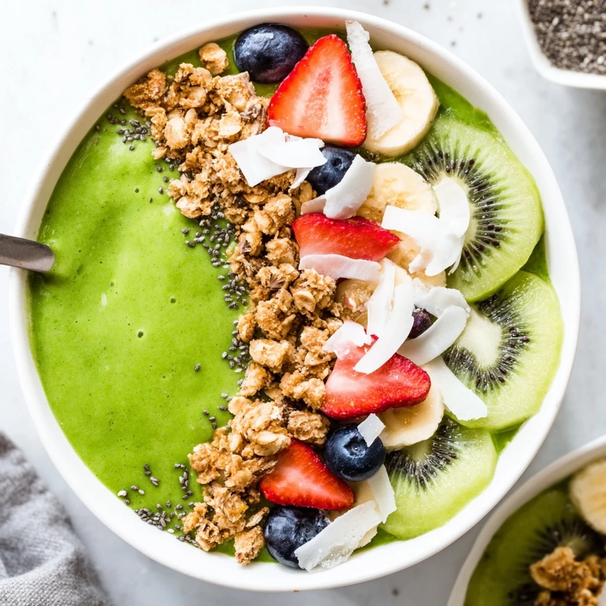 A close-up of a vibrant Green Smoothie Bowl topped with fresh berries and crunchy granola for a refreshing breakfast.  