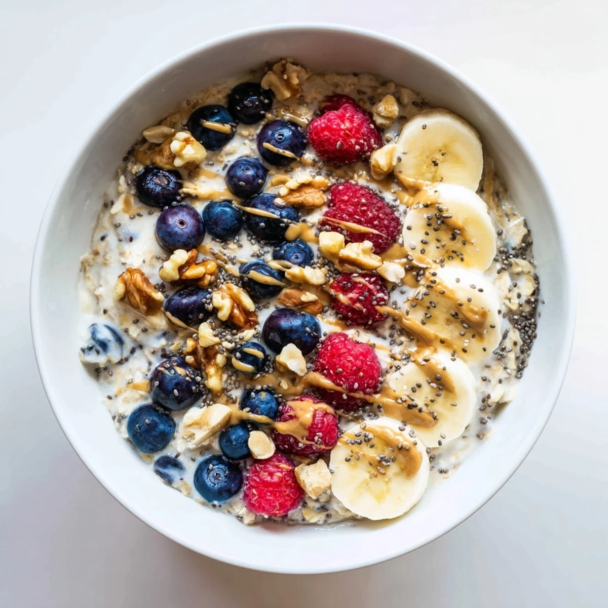 A spoon lifting a portion of Overnight Oats With Chia Seeds, revealing a thick, creamy texture and vanilla-scented base for a nutritious breakfast.