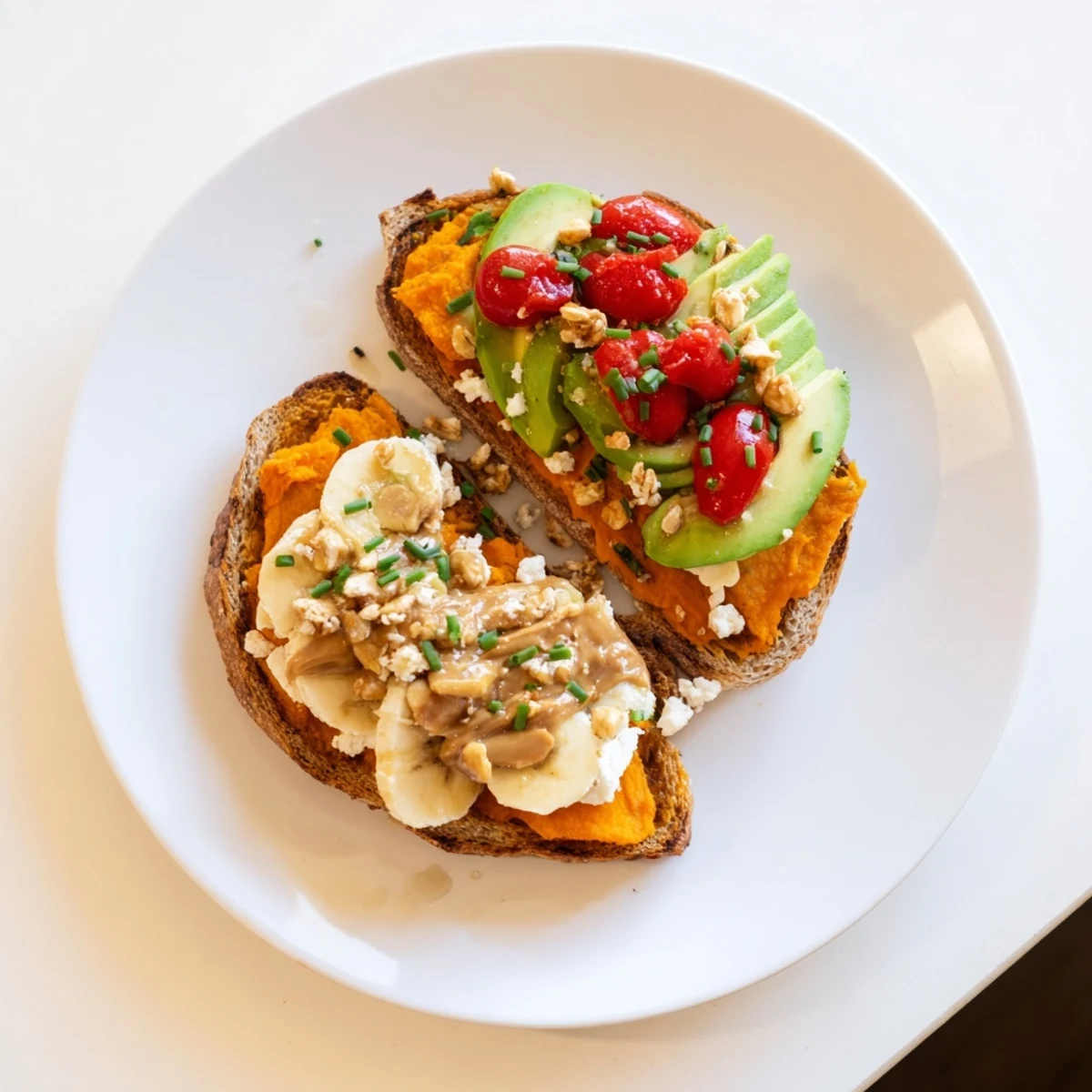Golden roasted sweet potato toast slices topped with creamy avocado, cherry tomatoes, and fresh herbs on a rustic platter.