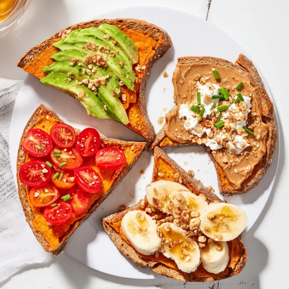 Warm sweet potato toast base ready for toppings, served on a wooden board with cottage cheese, honey, and fruit.