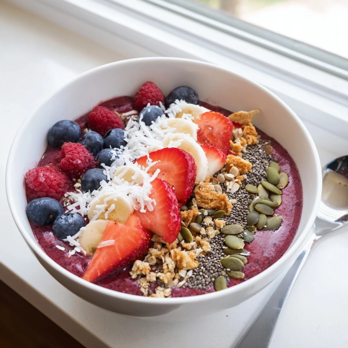 A vibrant acai berry smoothie bowl topped with fresh berries, banana slices, and crunchy granola for a healthy breakfast.  