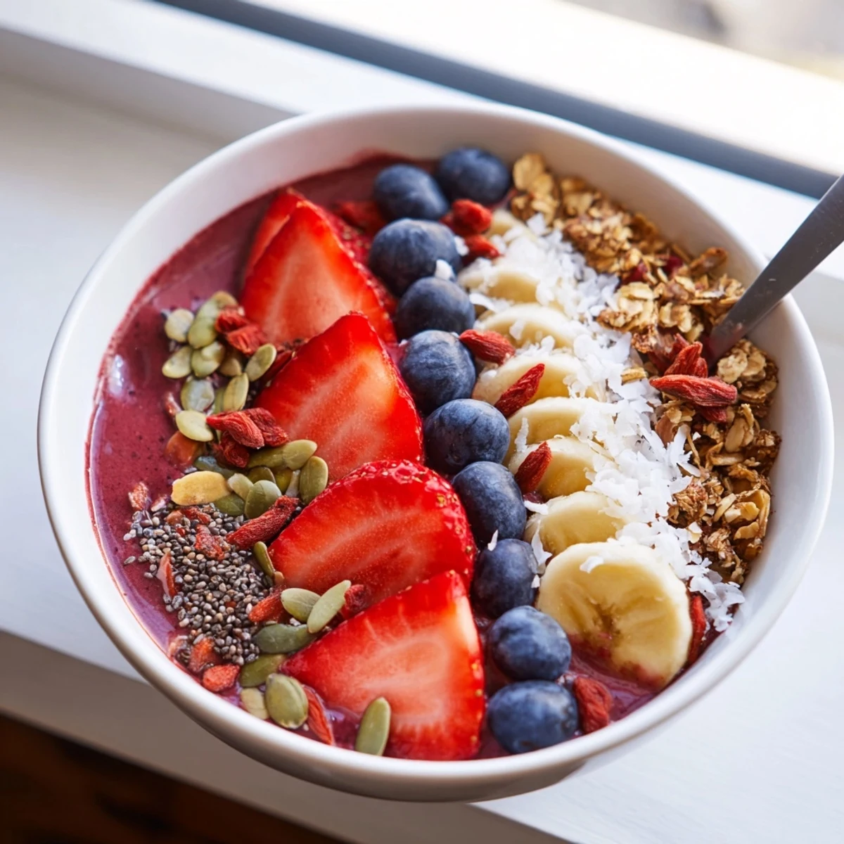 Thick purple acai smoothie bowl garnished with chia seeds, coconut flakes, and almond butter drizzle in a ceramic bowl.  