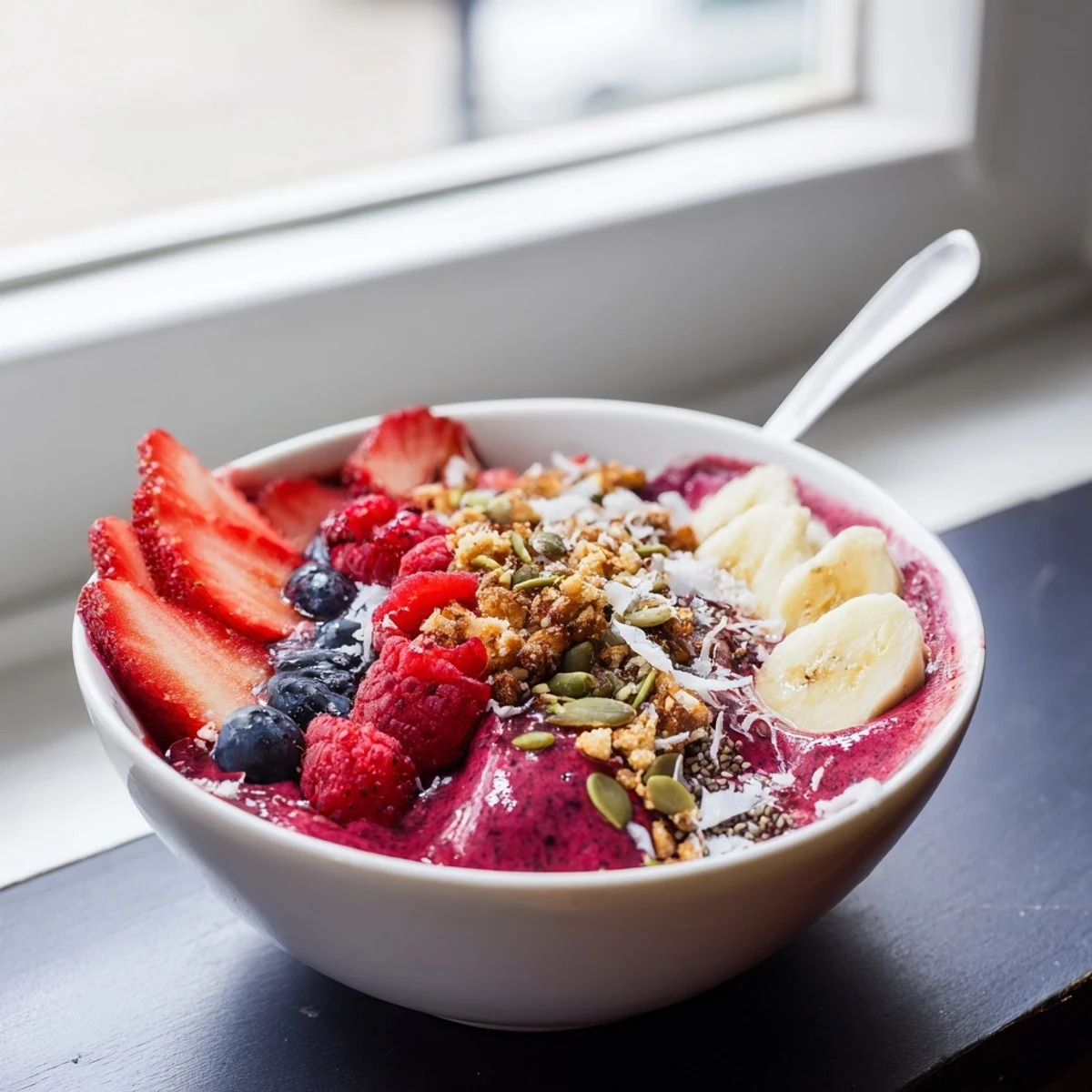 Nutritious acai berry smoothie bowl with colorful fruit and seed toppings served on a white marble countertop.