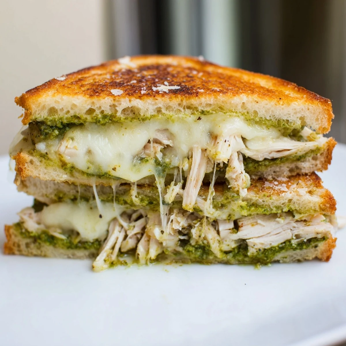 A close-up of a golden, buttery Mozzarella Pesto Chicken Grilled Cheese sandwich, cut in half to show layers of melted cheese and shredded chicken.