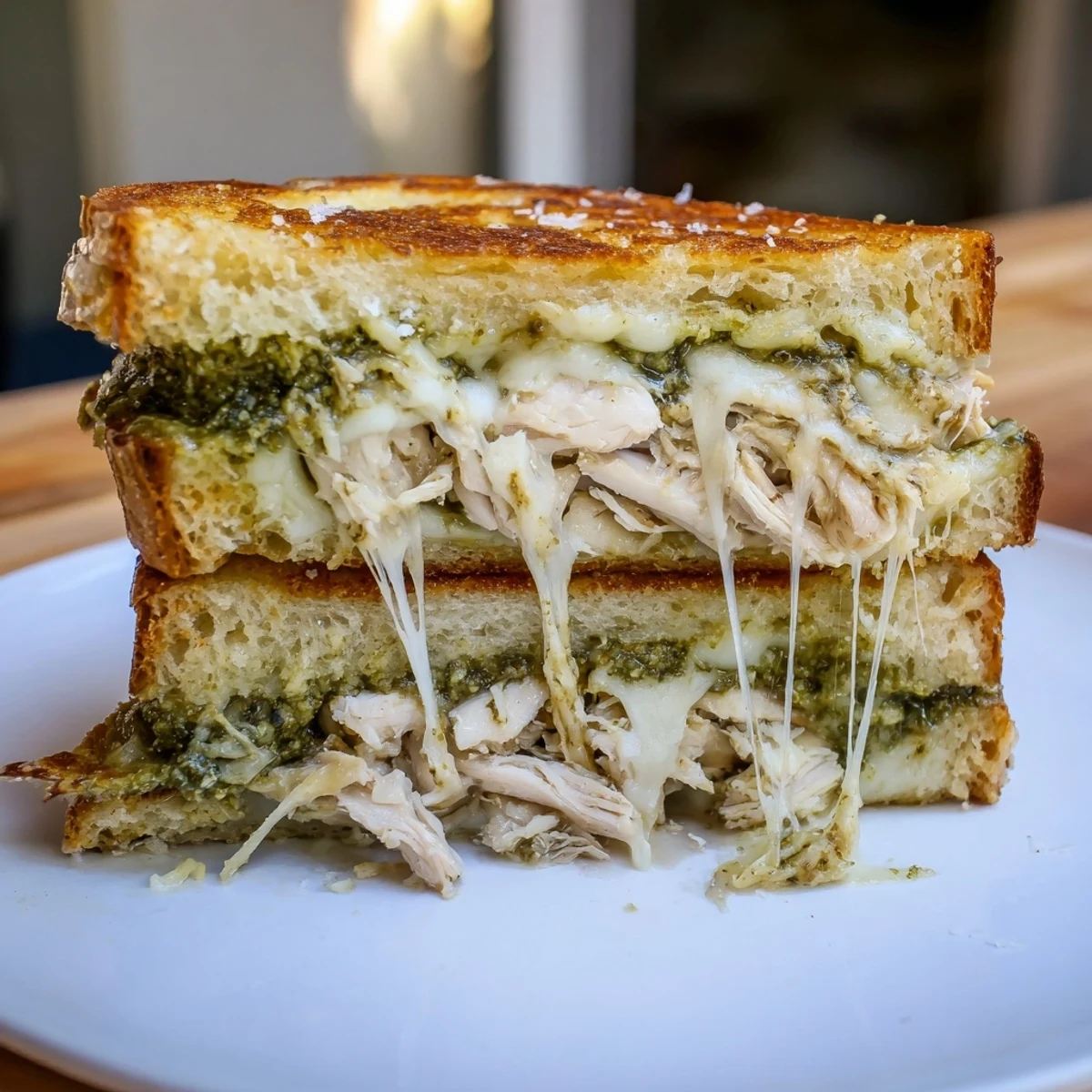 The gooey interior of a Mozzarella Pesto Chicken Grilled Cheese, with melted mozzarella and shredded chicken peeking out from between crispy bread slices.