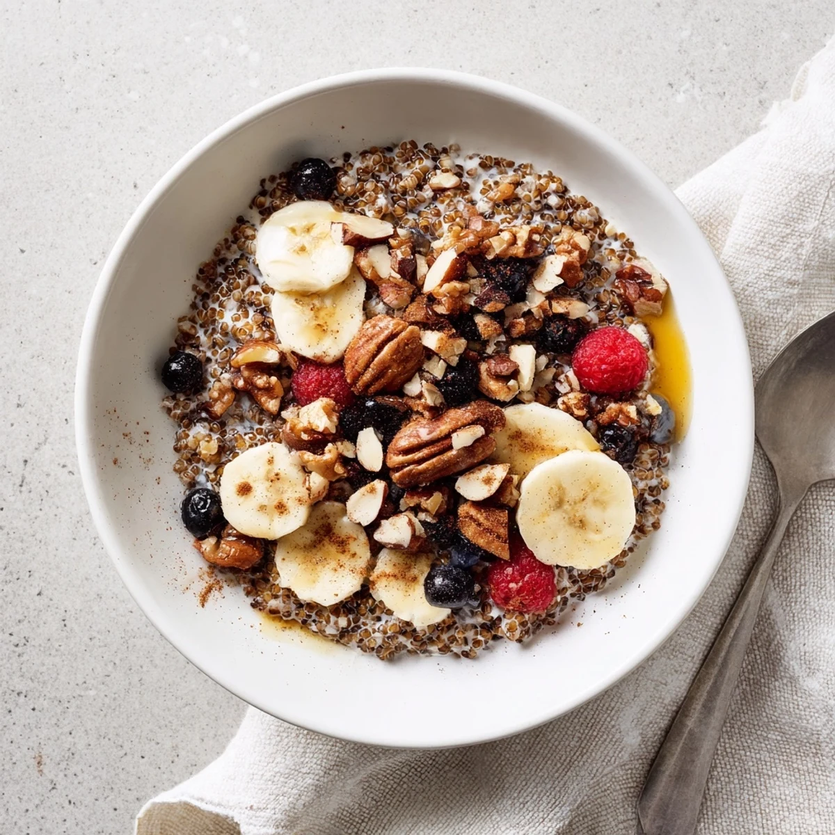 Creamy, warm buckwheat groats breakfast topped with crunchy nuts and fresh fruit in a rustic bowl, ready to enjoy.
