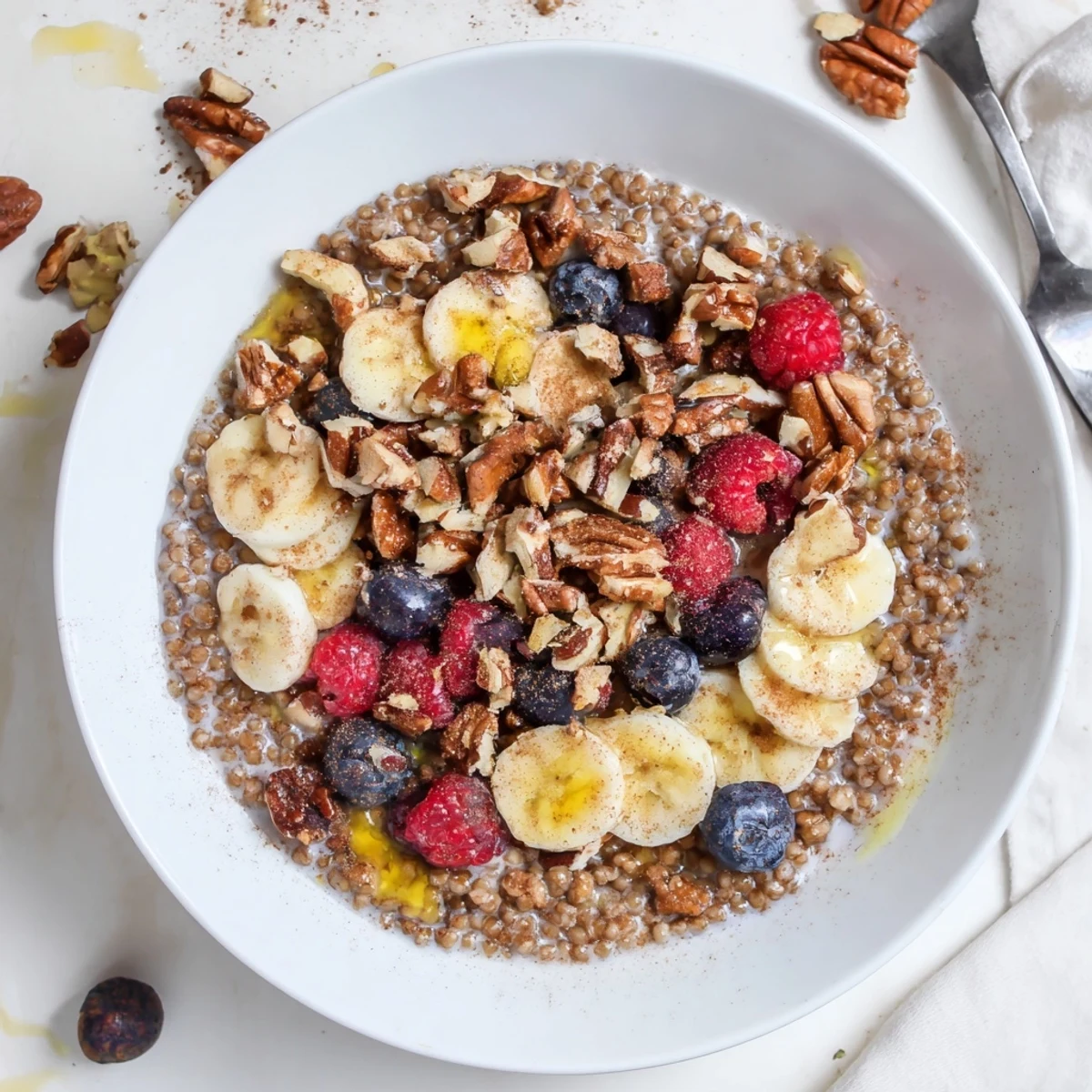 A nourishing bowl of buckwheat groats breakfast garnished with cinnamon and chopped almonds, served with a splash of oat milk.