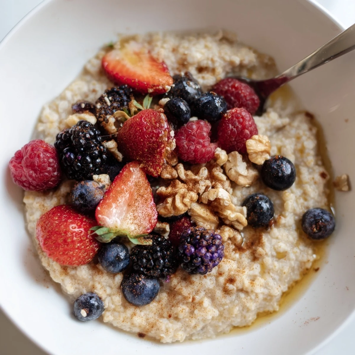 Comforting breakfast bowl of millet porridge, fresh berries, and drizzle of maple syrup.