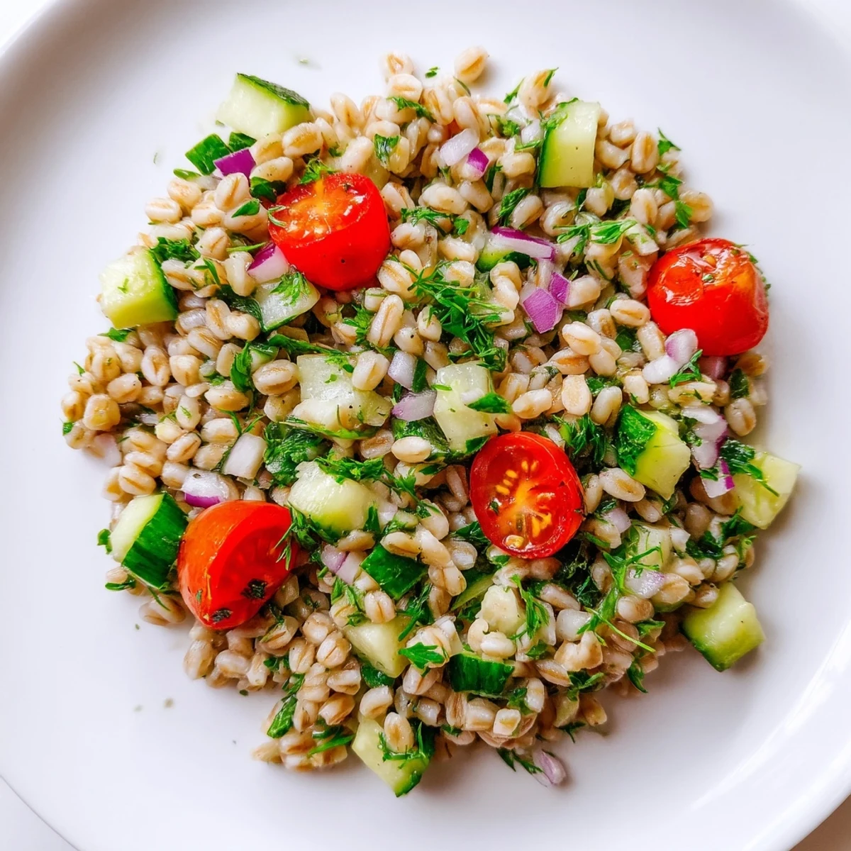 A close-up of the vibrant Barley and Herb Salad, featuring cherry tomatoes and fresh mint on a rustic table.  