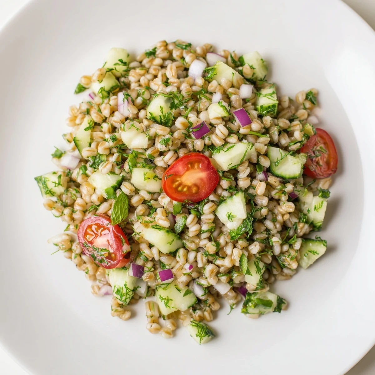 A refreshing Barley and Herb Salad topped with crumbled feta, ready for a light Mediterranean lunch.