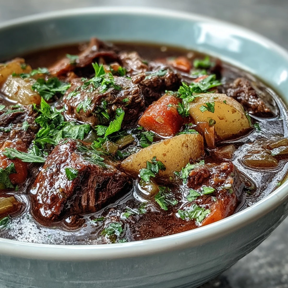 Steaming bowl of Beef and Vegetable Soup with tender beef cubes, potatoes, and carrots in a rich broth.