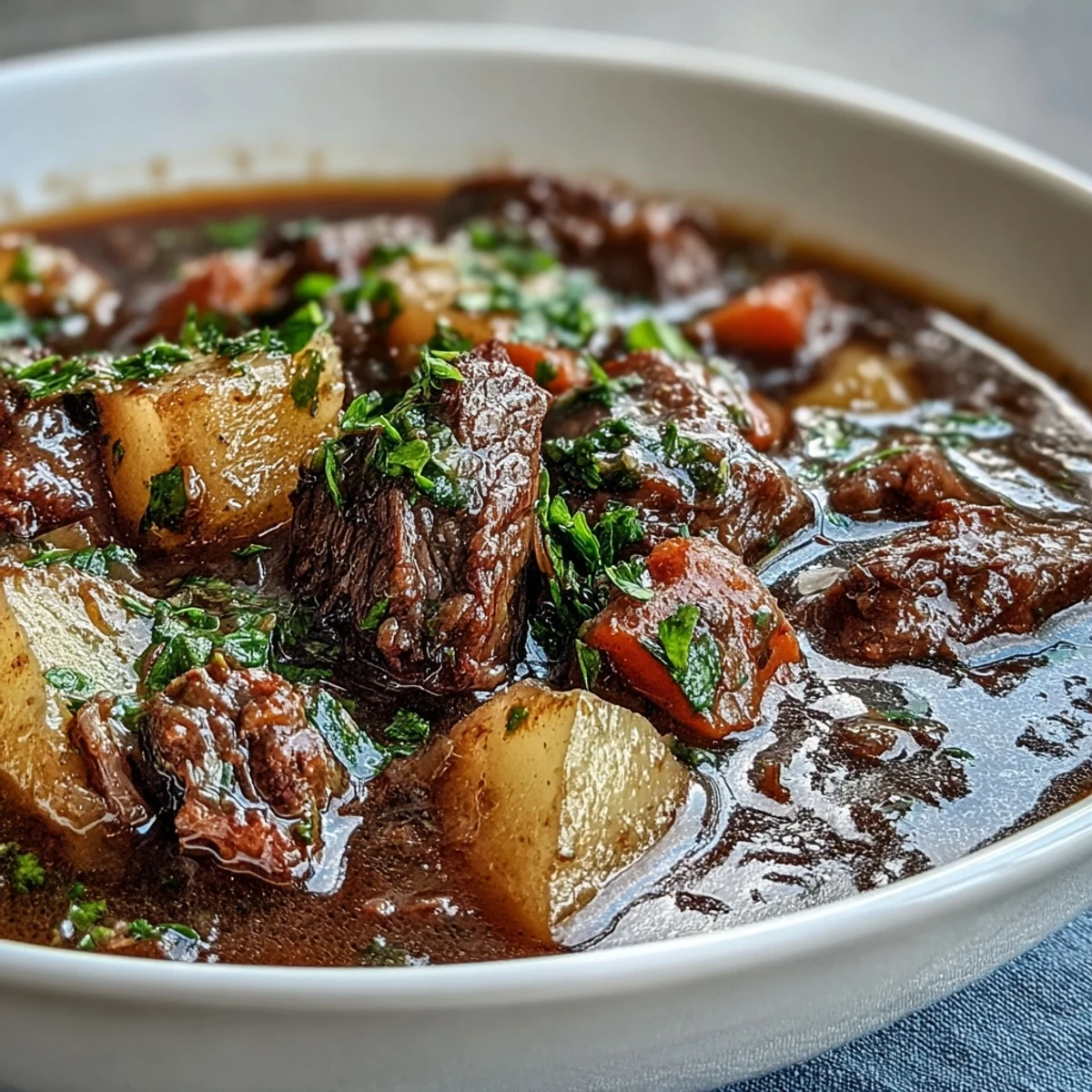 Savory Beef and Vegetable Soup ladled into a rustic bowl, garnished with fresh parsley and served warm.