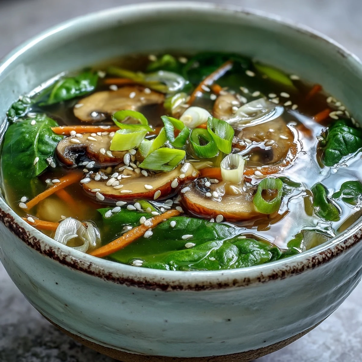 Vibrant Miso Ginger Winter Soup steaming in a bowl with sliced shiitake mushrooms and julienned carrots.