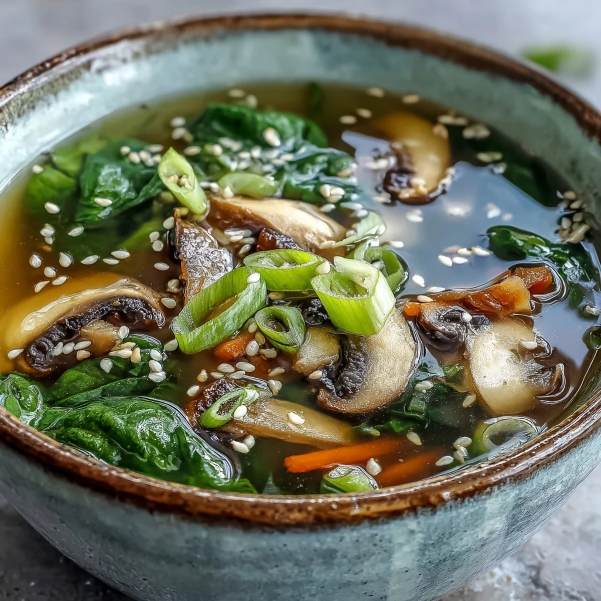 Topped with toasted sesame seeds and fresh cilantro, this Miso Ginger Winter Soup is ready to serve.