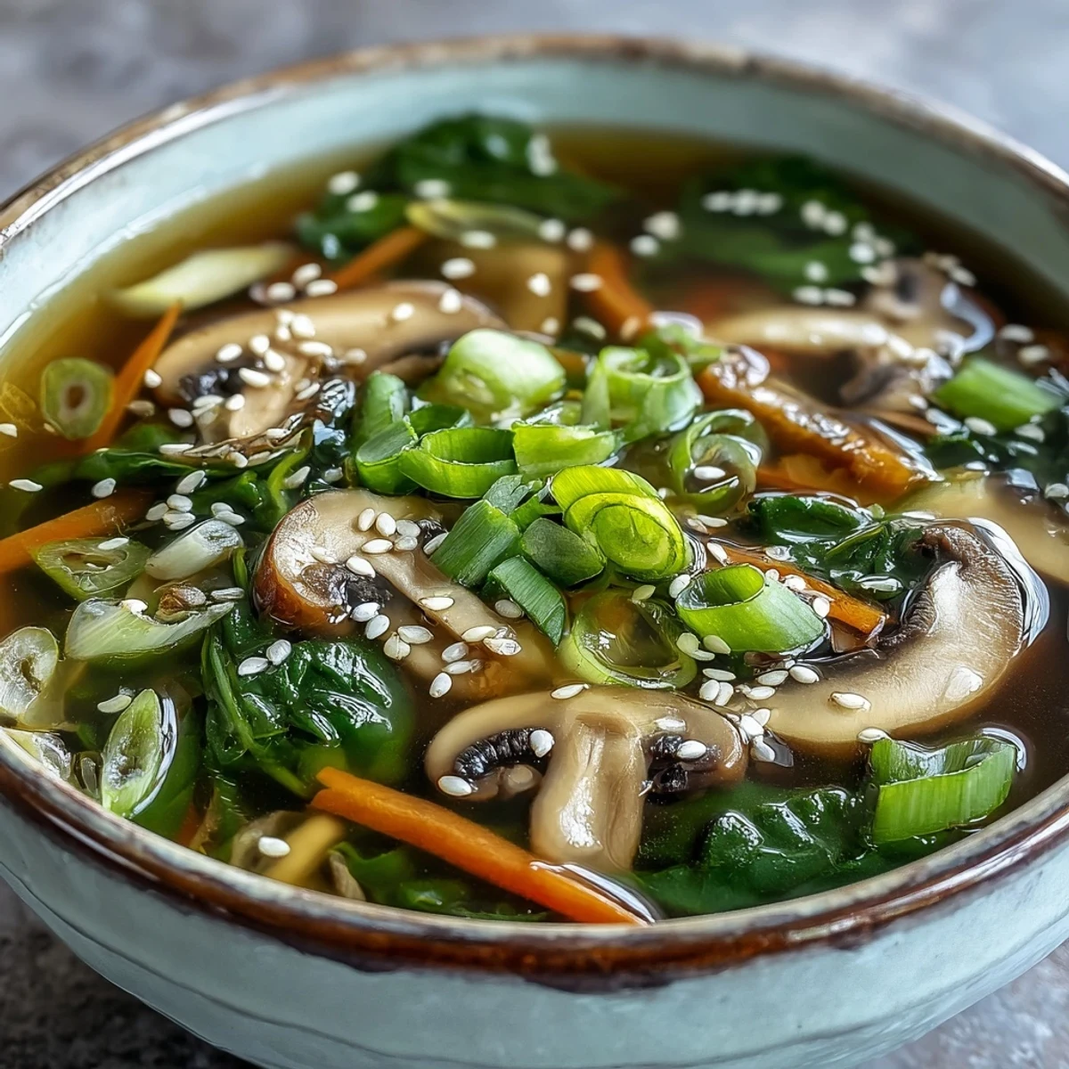 Close-up of Miso Ginger Winter Soup featuring wilted baby spinach and a drizzle of chili oil.