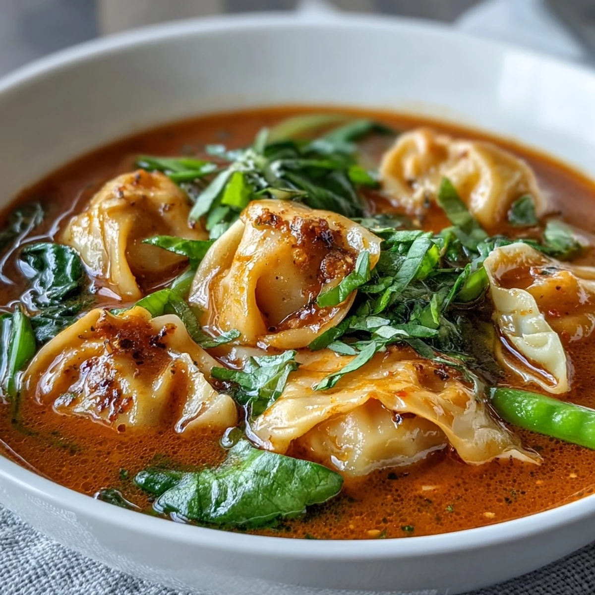 Overhead view of Red Curry Wonton Soup With Greens in a rustic pot, highlighting colorful carrots and wilted spinach floating in fragrant coconut curry broth.