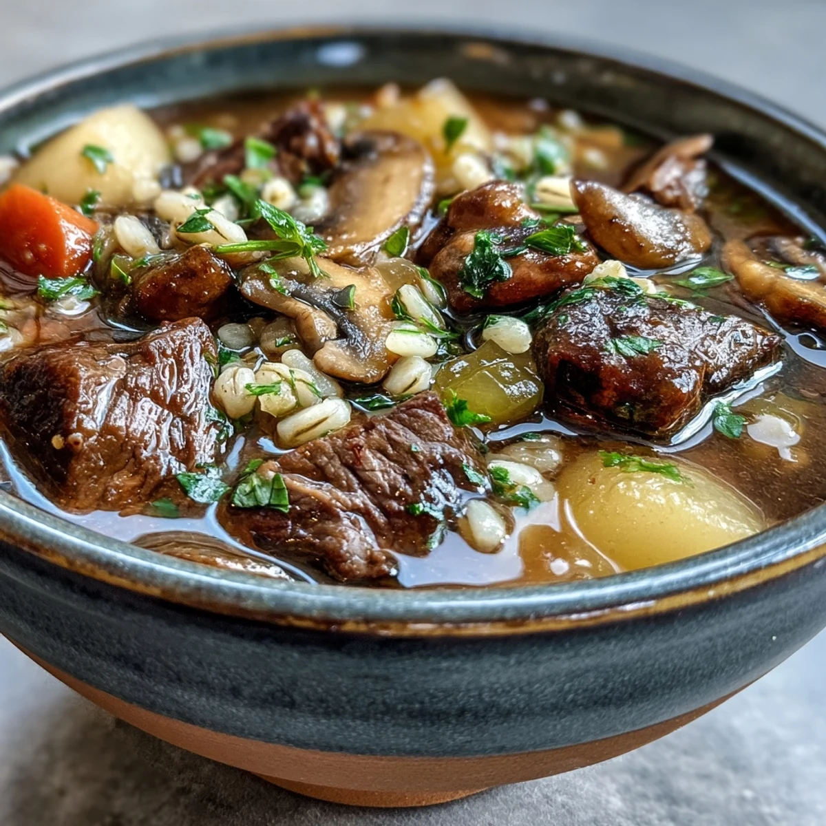 Steaming bowl of Vegetable Beef, Barley, and Mushroom Soup, garnished with fresh parsley and served alongside crusty artisan bread for dipping.