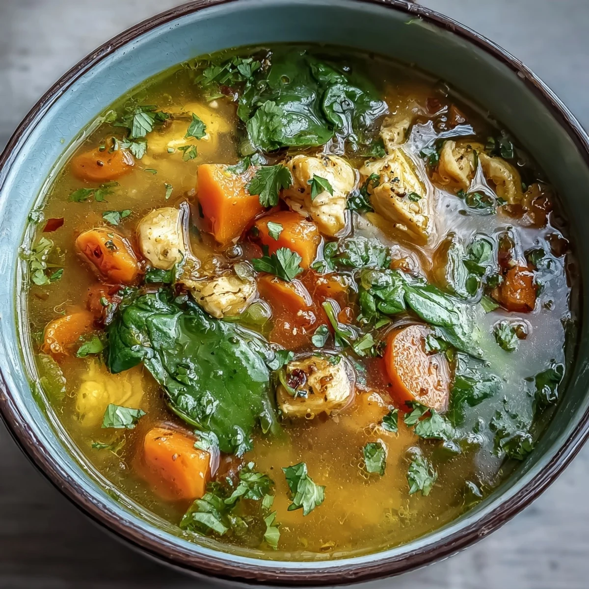A pot of golden Turmeric Chicken Soup simmering with diced chicken, carrots, and fresh spinach. 