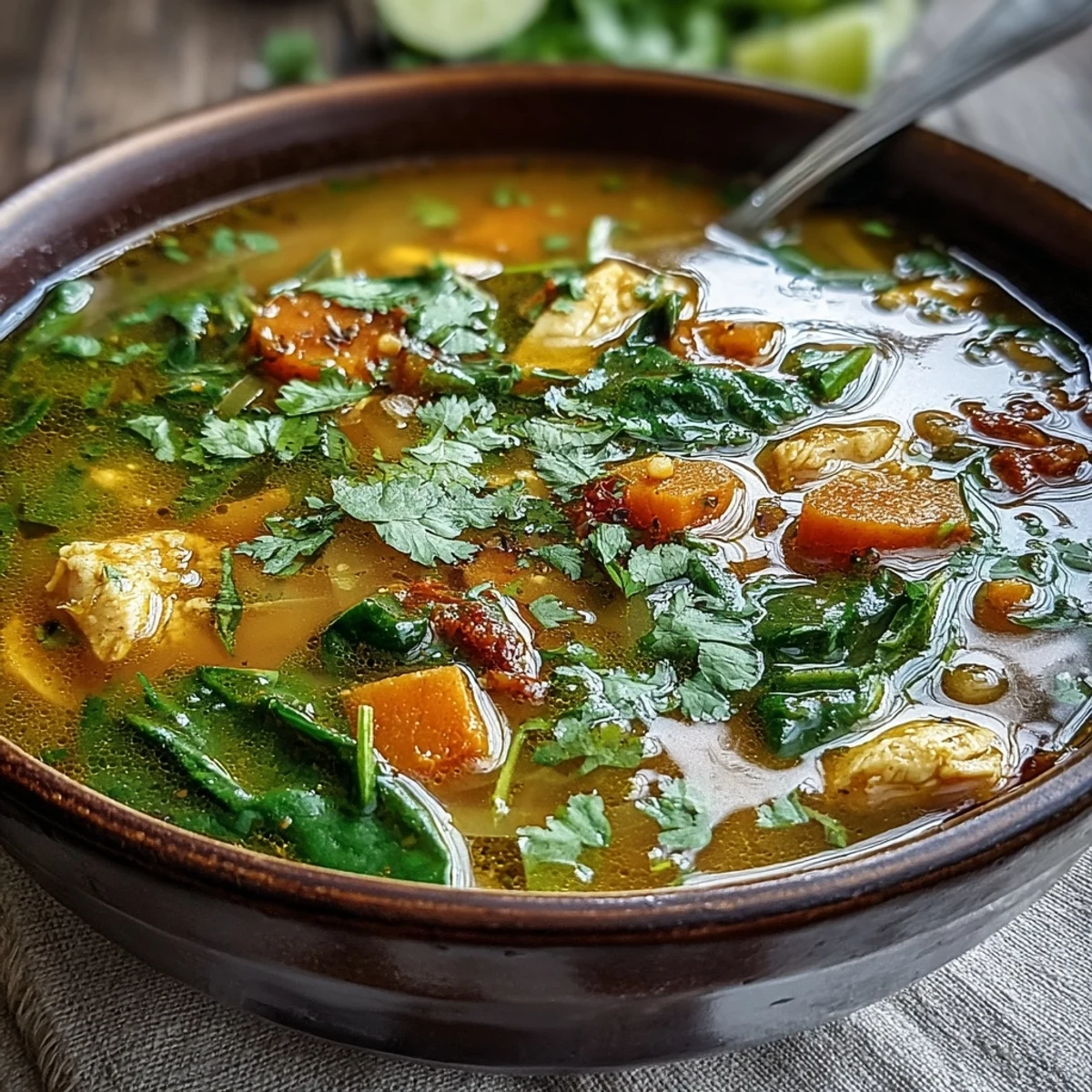 Healthy Turmeric Chicken Soup served beside a slice of crusty bread on a rustic wooden table.