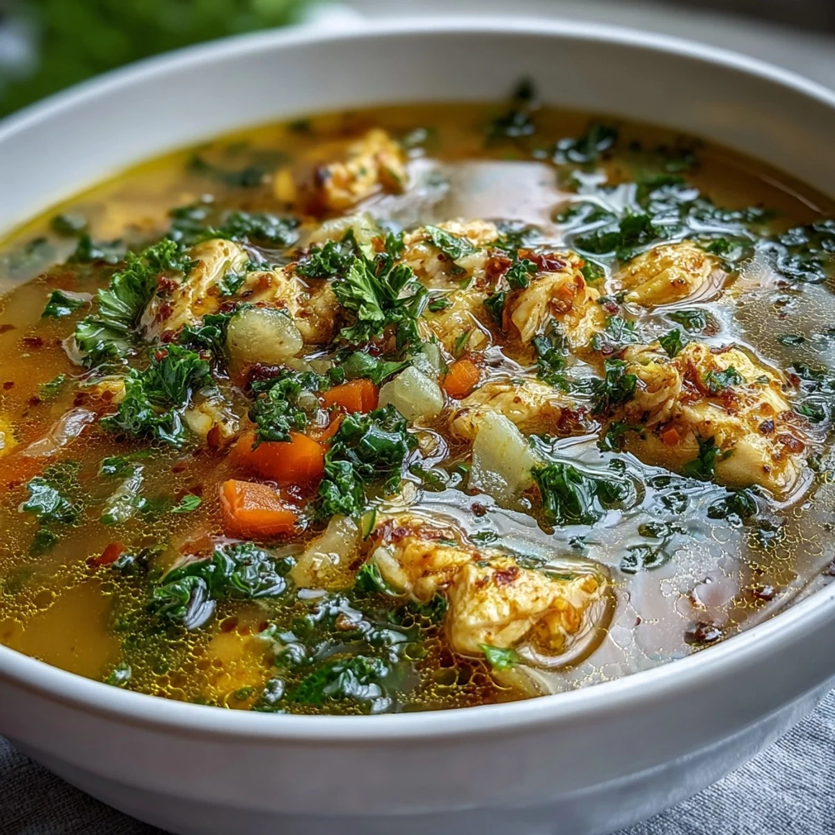Steaming bowl of High Protein Lemon and Turmeric Chicken Soup with golden broth, tender chicken, and wilted baby kale.