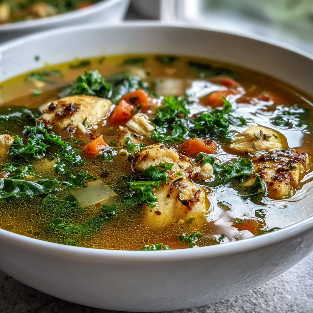 Spoon lifting a ladle of High Protein Lemon and Turmeric Chicken Soup beside fresh lemon wedges and crusty bread.