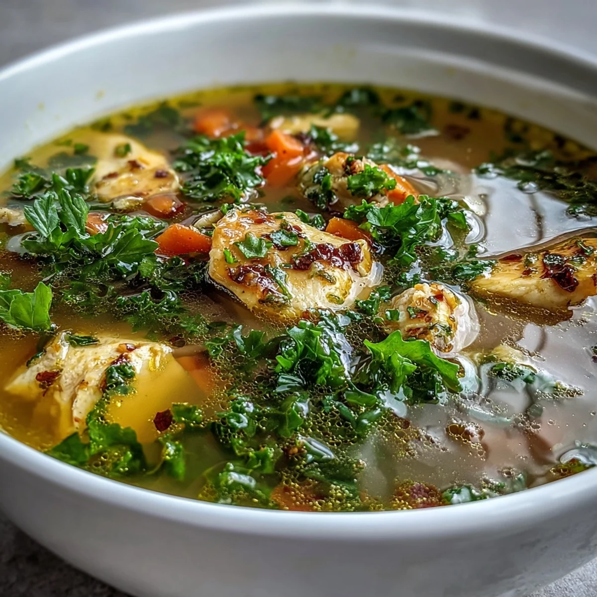 Close-up of High Protein Lemon and Turmeric Chicken Soup with vibrant turmeric color and leafy greens in a rustic bowl.