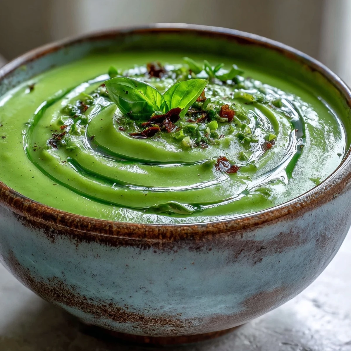 A bright bowl of Courgette, Pea and Pesto Soup topped with a swirl of pesto and olive oil, served as a light spring lunch.