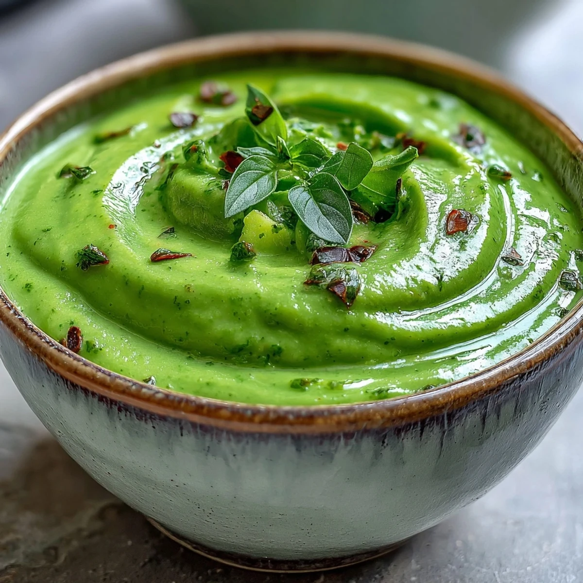 Hearty Courgette, Pea and Pesto Soup ladle held over a pot, showcasing the smooth, vibrant green texture of this easy vegetarian meal.