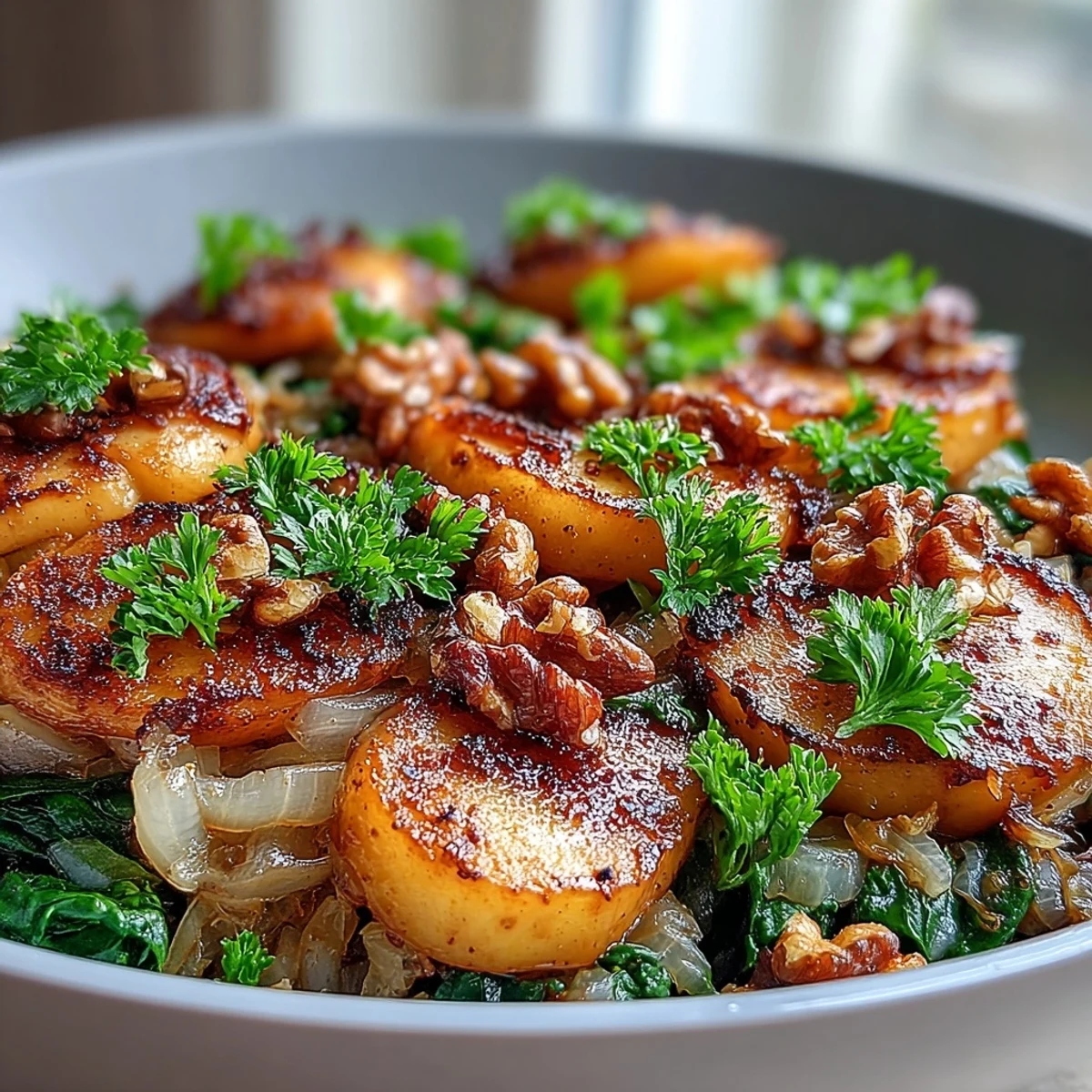 Warm Apple and Sauerkraut Skillet Salad sizzling with caramelized apples and onions in a rustic cast iron pan.