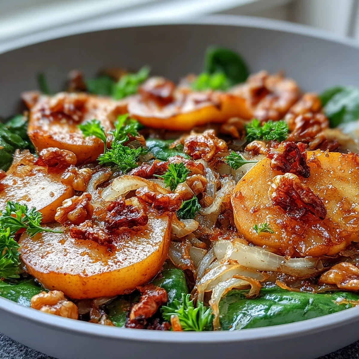 Serving platter of Warm Apple and Sauerkraut Skillet Salad topped with crunchy toasted pecans and fresh parsley.