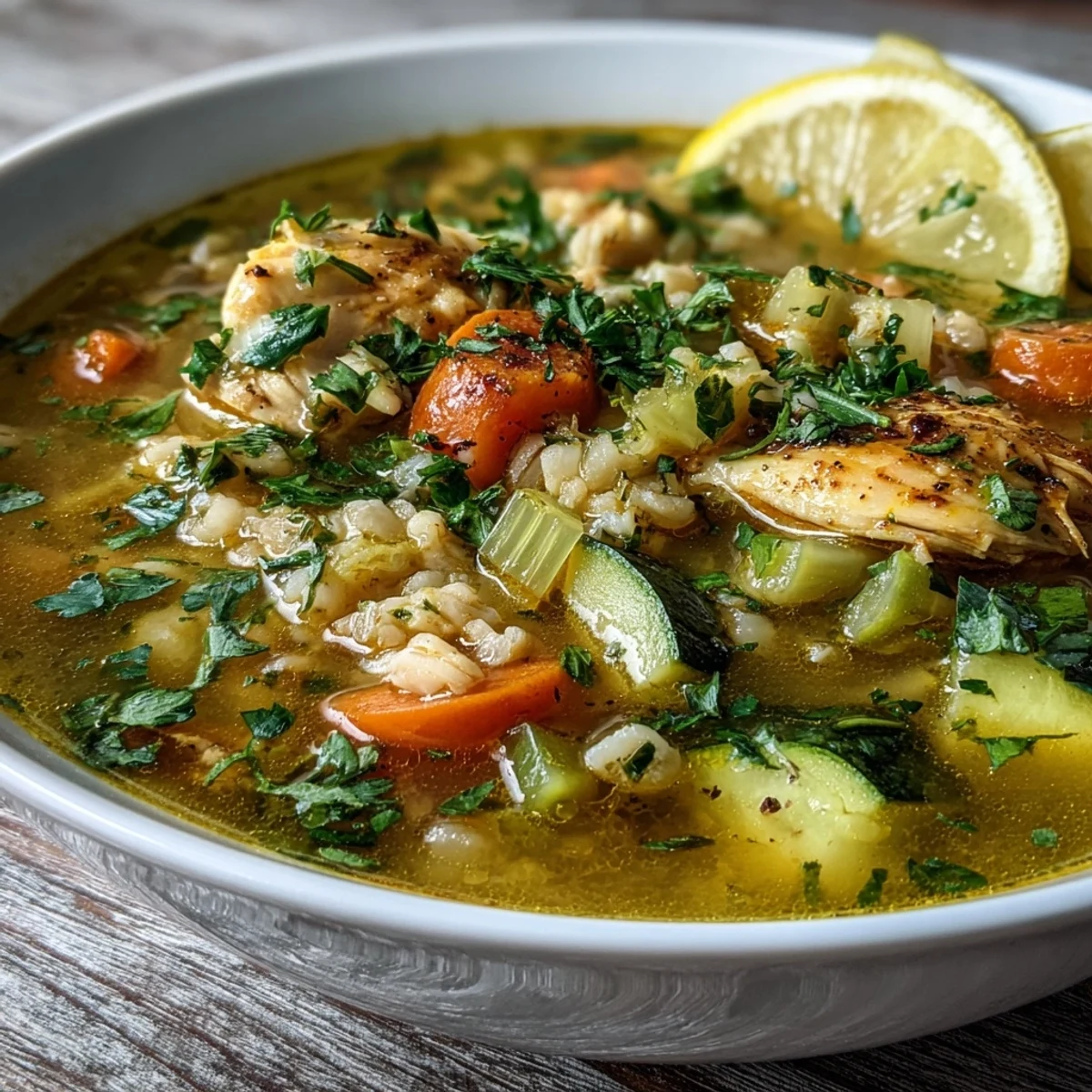 Close-up of Soothing Turmeric Chicken With Pearl Barley, highlighting the golden broth, plump barley, and diced vegetables in a Dutch oven.