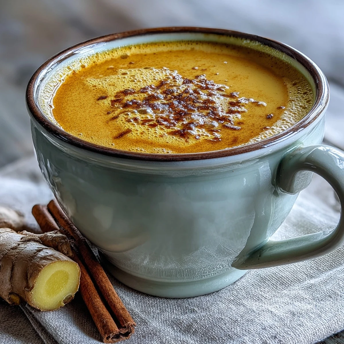 Steaming Turmeric and Ginger Golden Milk in a ceramic mug, topped with cinnamon dust and a cinnamon stick.