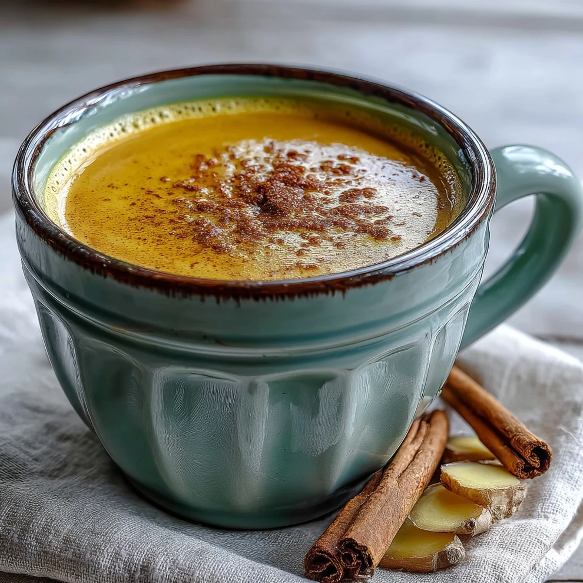 Close-up of golden-hued Turmeric and Ginger Golden Milk with a light foam and honey drizzle on a rustic table.