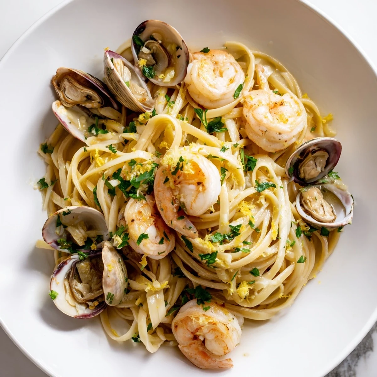 A close-up of Seafood Linguine with shrimp, clams, and mussels glistening in a white wine garlic sauce, garnished with fresh parsley.