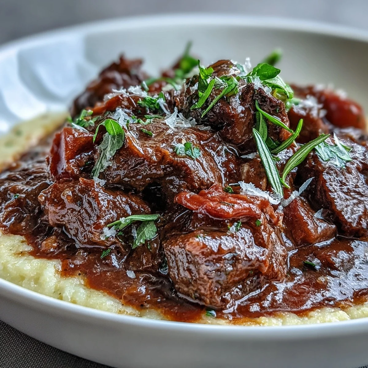 In a rustic bowl, creamy polenta is topped with hearty venison stew with sloe gin, garnished with fresh thyme.