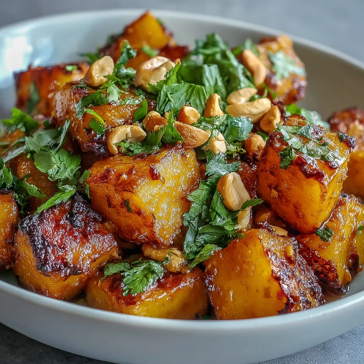 Golden roasted celeriac cubes simmered in a creamy curry sauce with toasted cashews and fresh cilantro garnish.