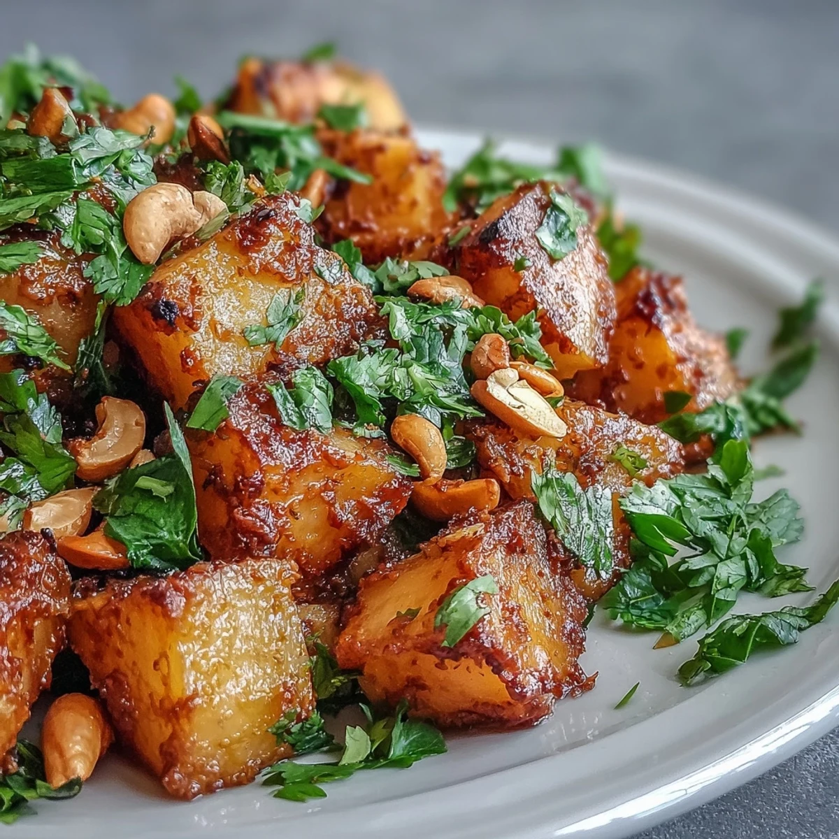 A close-up view of the finished curried celeriac, served warm as a main dish alongside steamed rice.