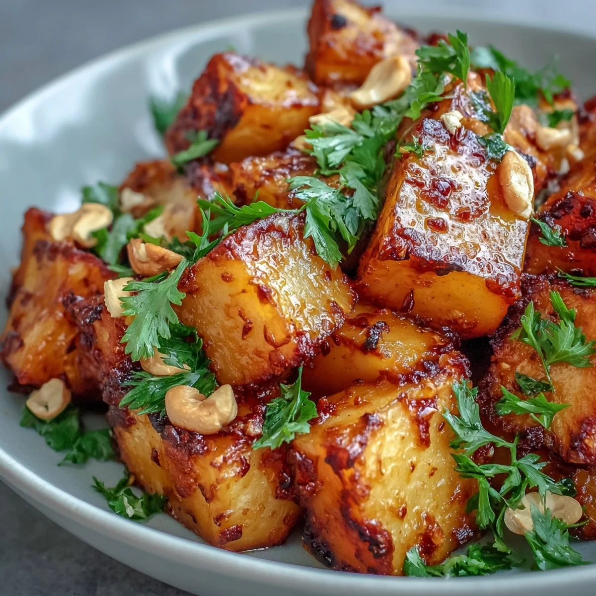 Vibrant orange curry sauce coats tender celeriac chunks, with a lime wedge and herbs for a fresh finish.